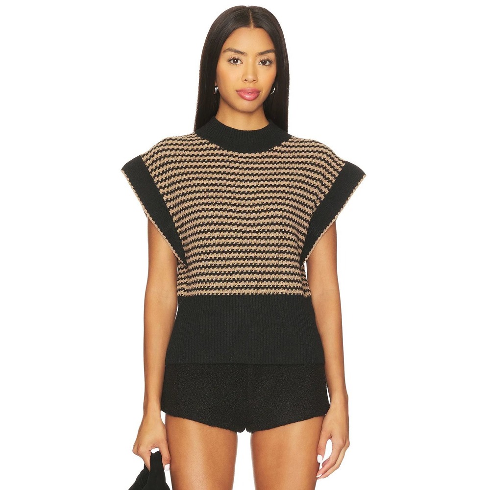 LNA Ellisa Sleeveless Womens Mock Neck‎ Striped Sweater Vest Black Tan Small